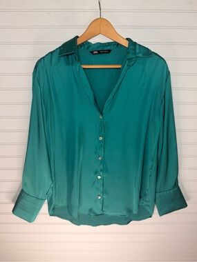 Zara Teal Satin Button-Down Blouse